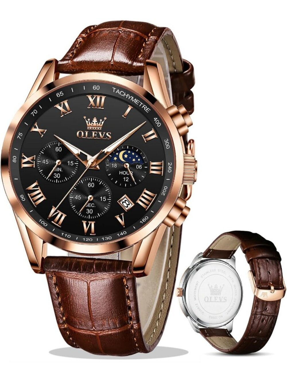 Men's Brown Black Leather Analog Quartz Luxury Chronograph Waterproof Wristwatch